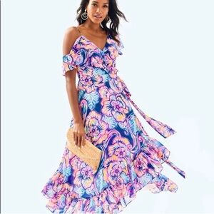 Lilly Pulitzer Marianna One Shoulder, wrap waist Floral Dress - Pink and Blue